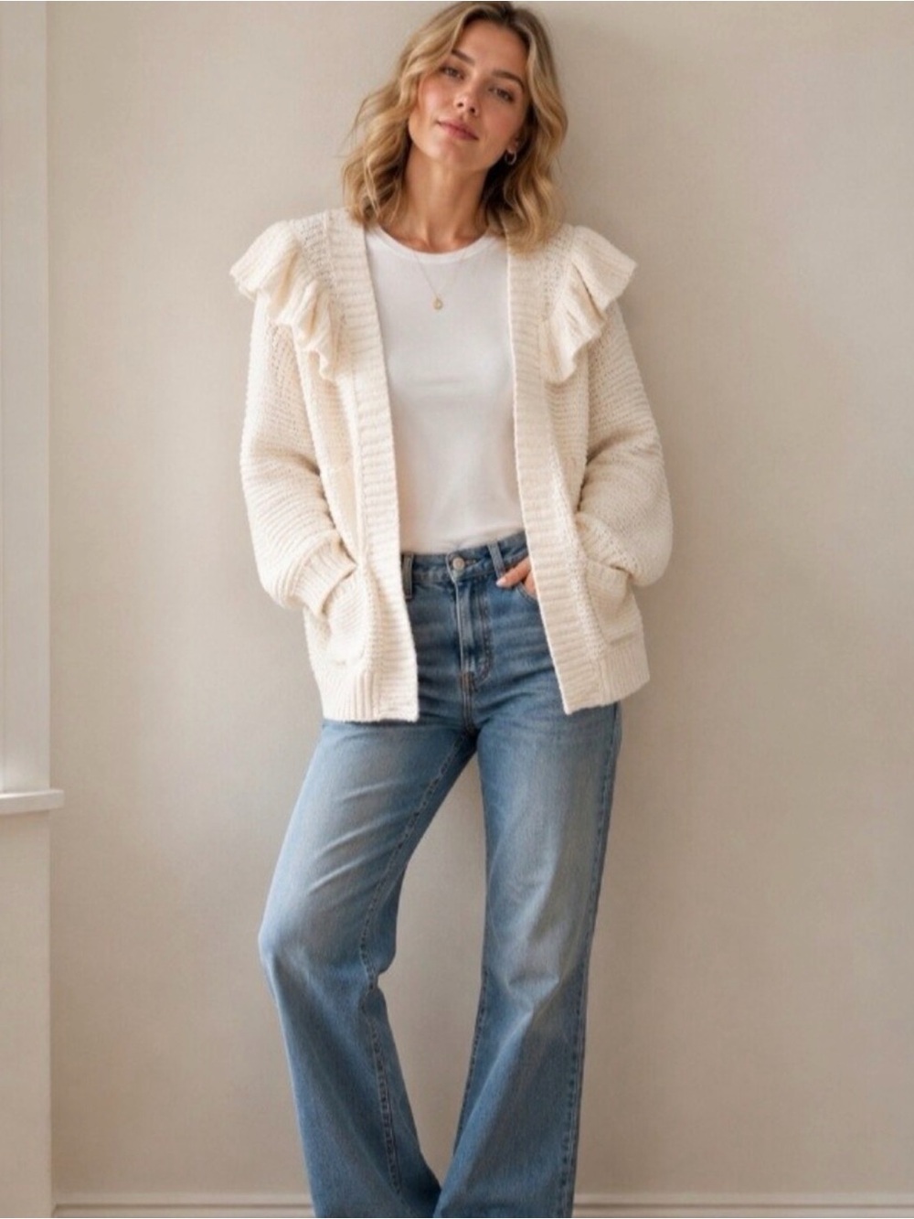 Madewell Cream Ruffled Cardigan Sz S Runs Big EUC Cottagecore Western Granny
